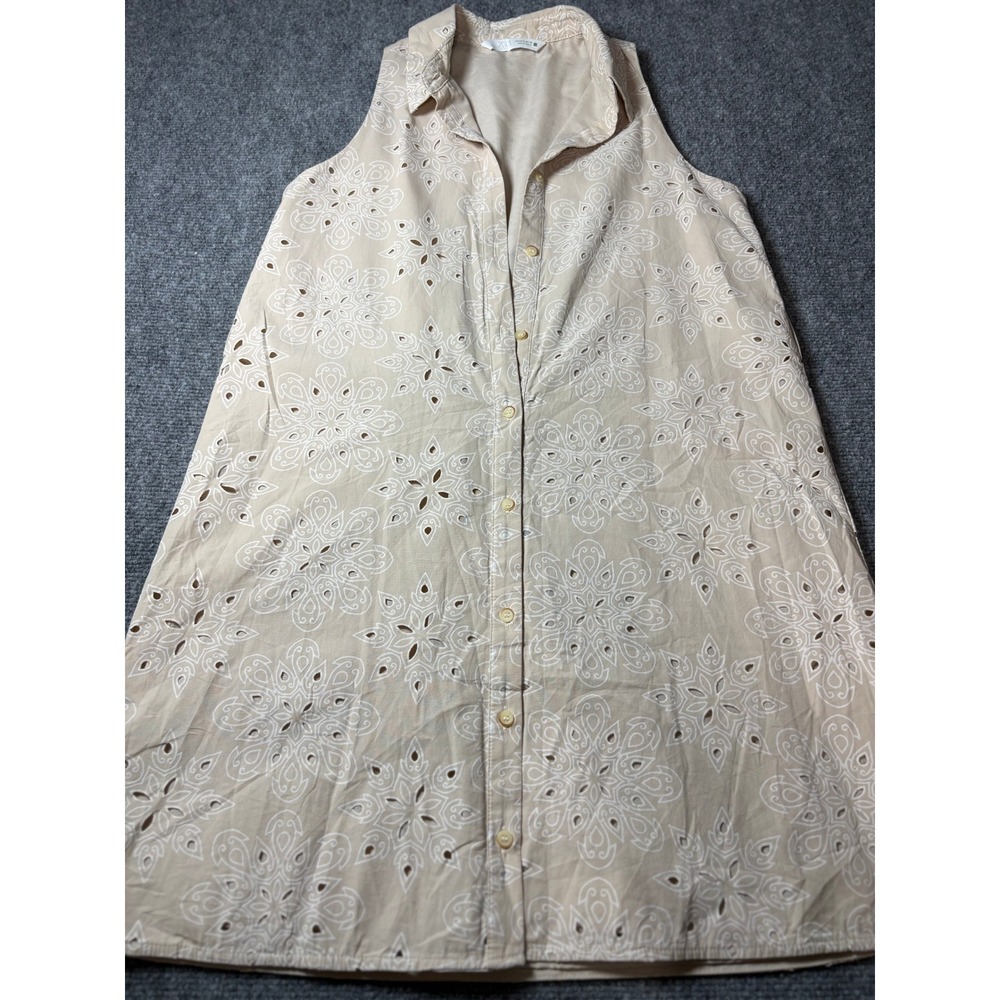 Zara Women Tan Eyelet Embroidered Sleeveless Button Down Shirt Dress Small